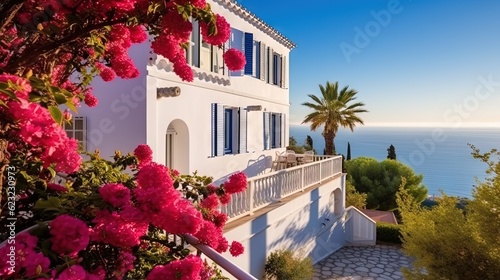  a white house with blue shutters and pink flowers in front of the ocean. generative ai