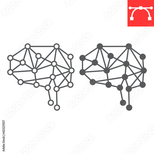 Neural network line and glyph icon, technology and artificial intelligence, ai brain concept vector icon, vector graphics, editable stroke outline sign, eps 10.