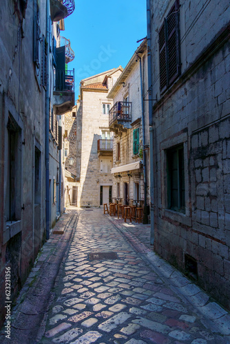 Street view of old city Kotor in Montenegro  medieval european architecture  balkan travel
