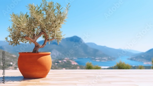 a potted plant with a view of a lake and mountains. generative ai