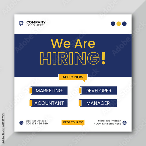We are hiring job vacancy web banner and social media post template.
We are hiring job vacancy square web banner design.