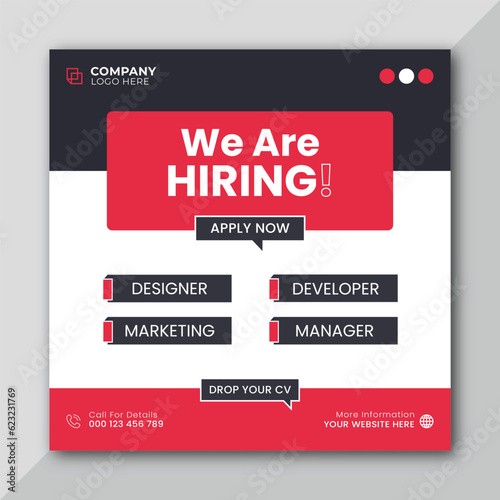 We are hiring job vacancy web banner and social media post template.
We are hiring job vacancy square web banner design.