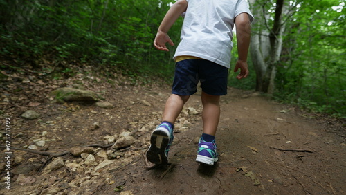 Back of child hiking in the woods walking on green path wandering little boy hiker in nature