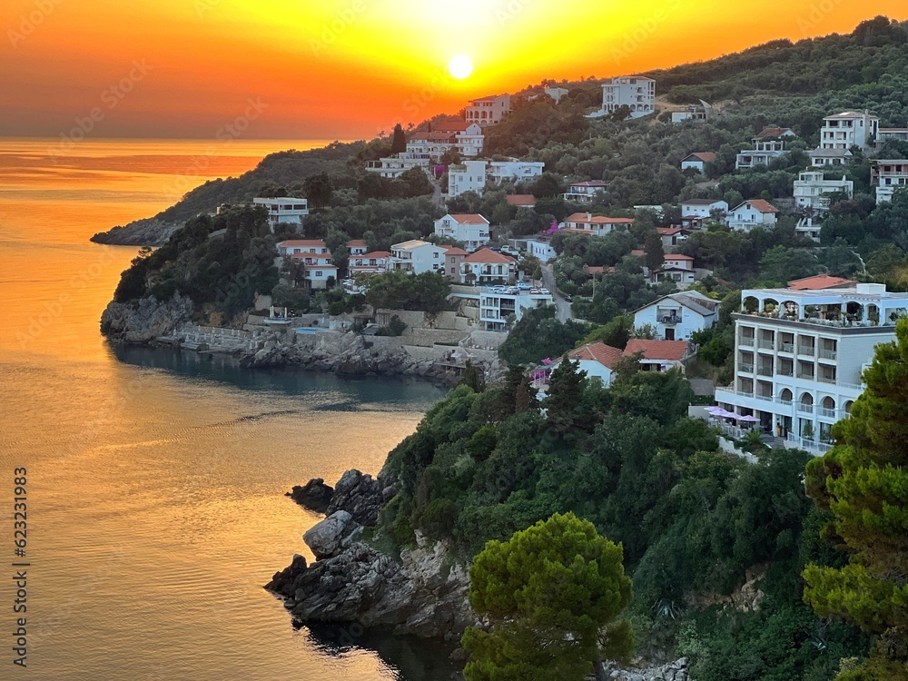 Adriatic sea and sunset in Montenegro Ulcinj town 