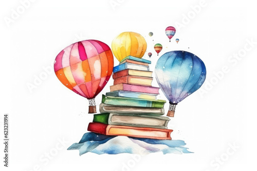 International literacy day, back to school watercolor illustration. Watercolor card with color books and flowers on white background
