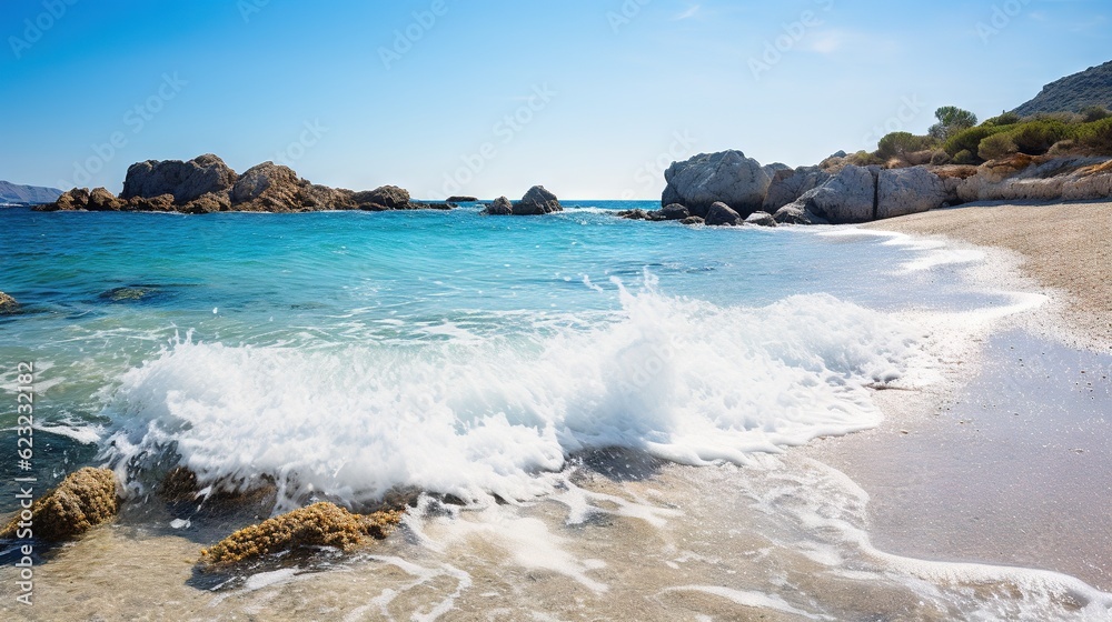 a beach with a wave crashing on the shore and rocks in the water. generative ai a beach with a wave crashing on the shore and rocks in the water. generative ai