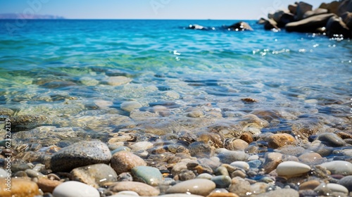  a rocky beach with clear blue water and rocks in the foreground. generative ai