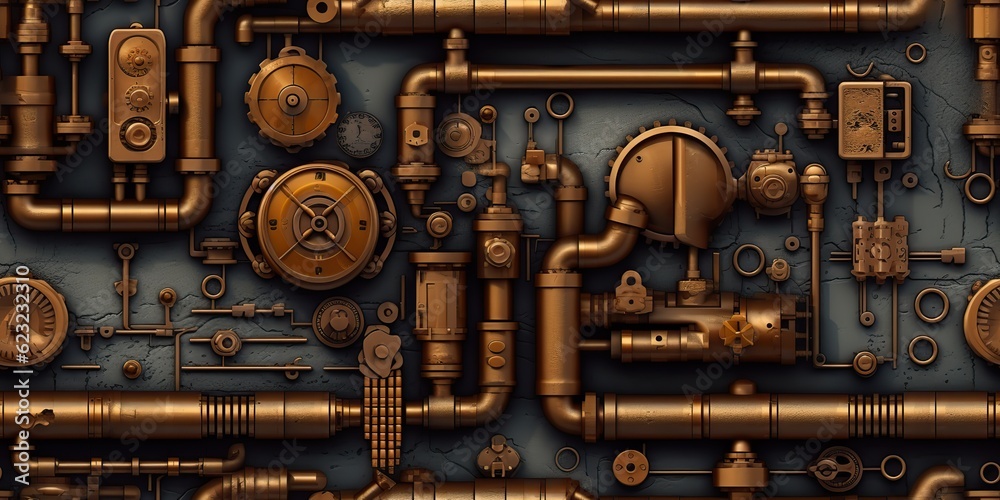 AI Generated. AI Generative. Steam punk pipes valve connection pattern decoration wallpapper design. Graphic Art AI Generated. AI Generative. Steam punk pipes valve connection pattern decoration wallpapper design. Graphic Art