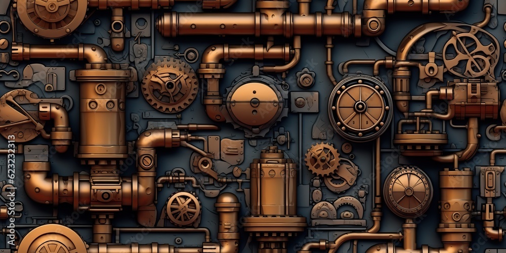 AI Generated. AI Generative. Steam punk pipes valve connection pattern decoration wallpapper design. Graphic Art AI Generated. AI Generative. Steam punk pipes valve connection pattern decoration wallpapper design. Graphic Art