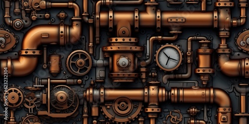 AI Generated. AI Generative. Steam punk pipes valve connection pattern decoration wallpapper design. Graphic Art