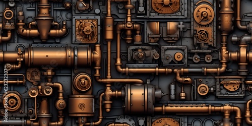 AI Generated. AI Generative. Steam punk pipes valve connection pattern decoration wallpapper design. Graphic Art © AkimD