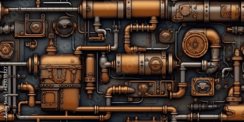 AI Generated. AI Generative. Steam punk pipes valve connection pattern decoration wallpapper design. Graphic Art © Graphic Warrior