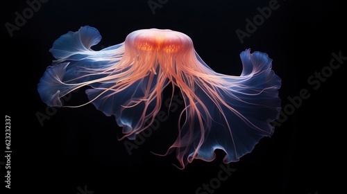  a jellyfish is swimming in the water with it's head turned to the side. generative ai