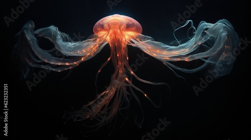  a jellyfish is glowing in the dark with its tentacles. generative ai