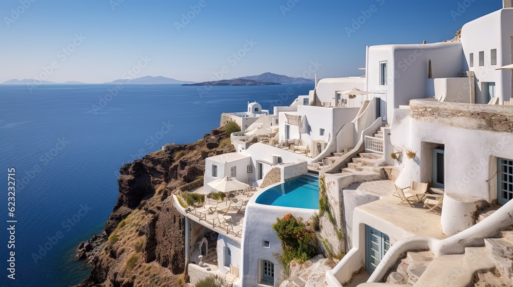 Naklejka premium a view of the ocean from a cliff side house in oia. generative ai