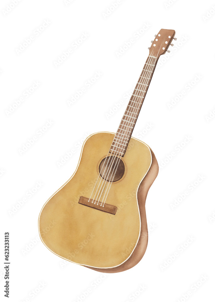 Guitar, stringed musical instrument watercolour illustration hand drawn