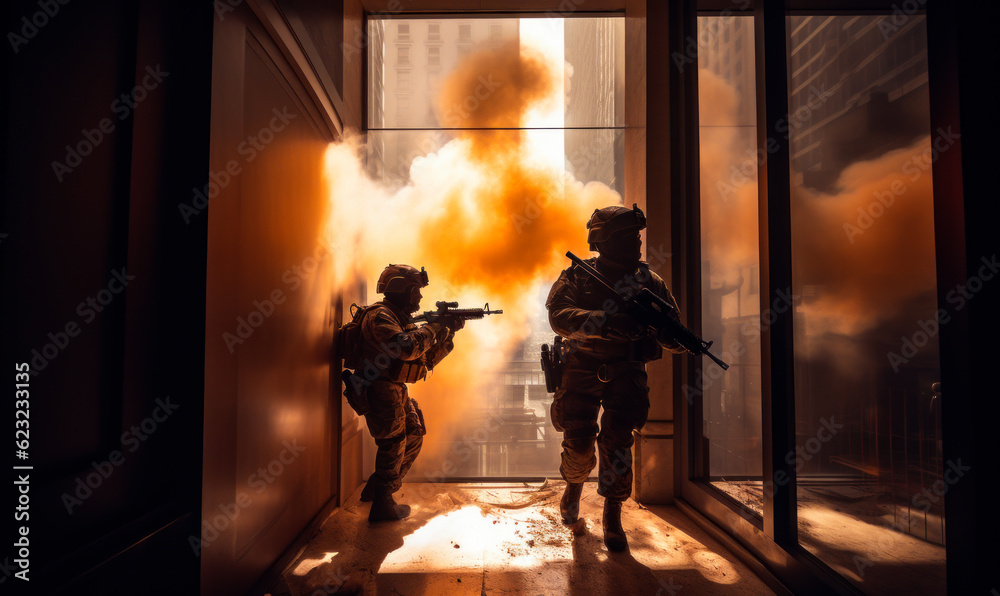 Two soldiers from a swat team in the building on a military mission. Thick orange smoke from explosion at backdrop. Generative AI.