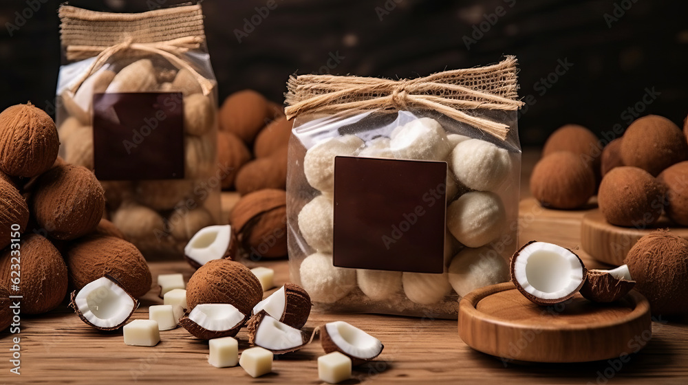 candy with coconut flavor. chocolate icing for decoration. Sugar sweet dessert. Place for text, product promotional card. Generative AI
candy with coconut flavor. chocolate icing for decoration. Sugar sweet dessert. Place for text, product promotional card. Generative AI