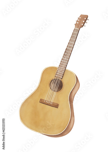 Guitar, stringed musical instrument watercolour illustration hand drawn