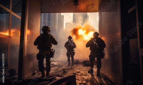 Special forces are on the mission. Armed military men in the building in the downtown. Explosion at backdrop. Generative AI.