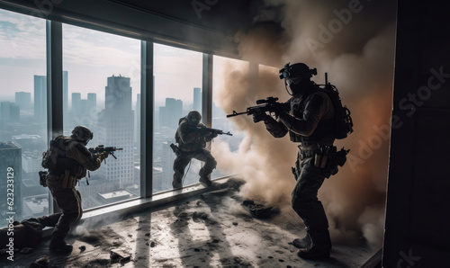 Swat team has broken into a multistoried building. War concept, antiterrorist operation. Generative AI. photo