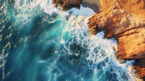  an aerial view of the ocean and rocky shorelines near a beach. generative ai