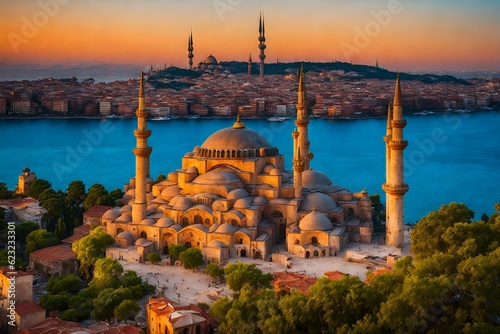Leinwand Poster Famous Hagia Sophia Mosque in the summer morning sun rays view from Blue Mosque