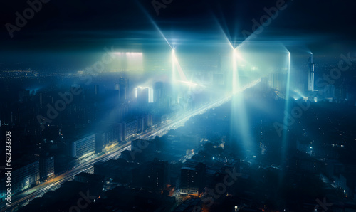 Dark city panorama with powerful projectors sending light up and down. Night cityscape from top view. Generative AI.