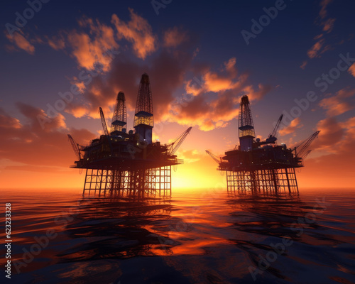 Two oil rigs built in the sea. Amazing sky with beautiful clouds at backdrop at sunset. Low angle view. Generative AI.
