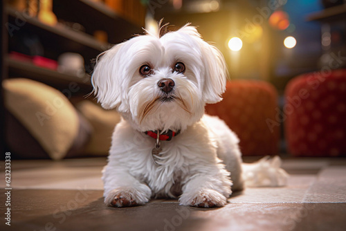 Cute Maltese puppy sitting on the floor in the living room. selective focus. 