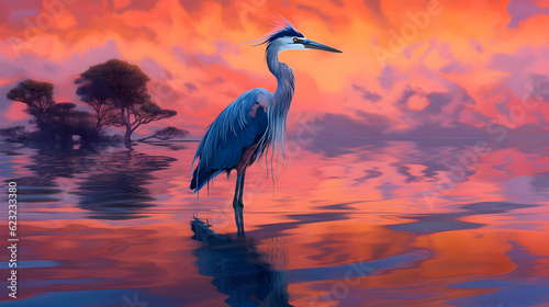 A serene and beautifully composed digital artwork featuring a heron set against a mesmerizing gradient background Ai