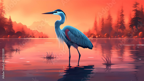 A serene and beautifully composed digital artwork featuring a heron set against a mesmerizing gradient background,Ai © Mian