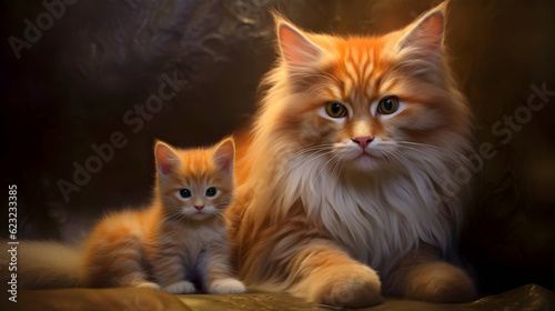 A royal orange fur kitten with its mother, photorealistic,Ai © Mian