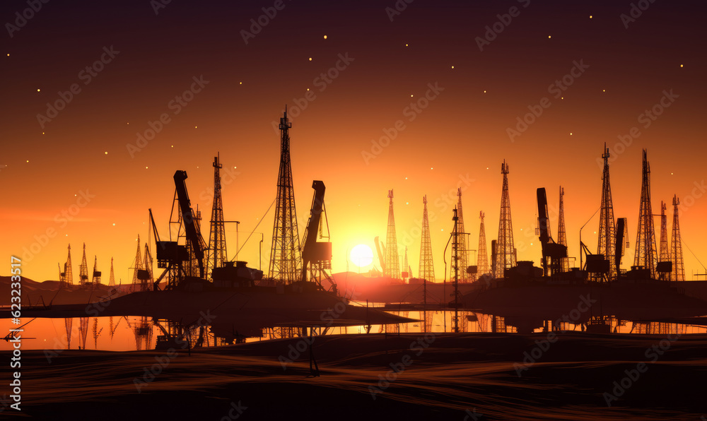 Oil mining rigs silhouettes reflecting in the water. Orange sky at sunset in backdrop. Generative AI.
