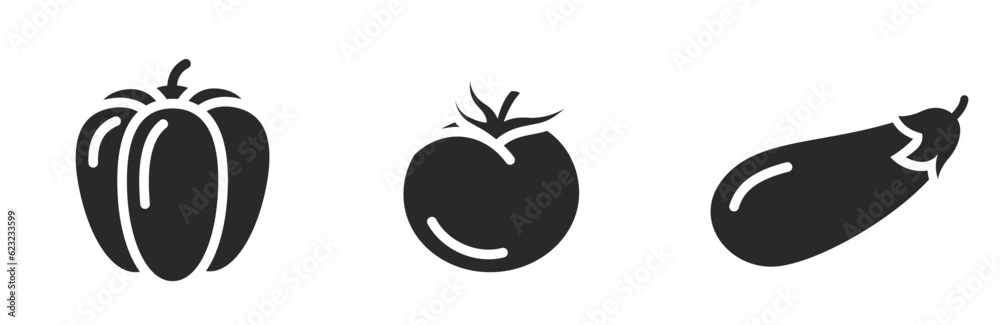 summer vegetable icon set. tomato, bell pepper and eggplant. harvest, organic food and agriculture symbols summer vegetable icon set. tomato, bell pepper and eggplant. harvest, organic food and agriculture symbols