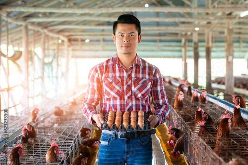 A famrer man holding a panel of eggs between 2 way chickens cage with rustic background and flare on the side