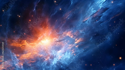 Bright blue star shining in deep space  stellar explosion behind star clusters. High resolution galaxy background