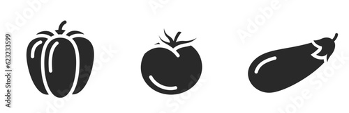 summer vegetable icon set. tomato, bell pepper and eggplant. harvest, organic food and agriculture symbols