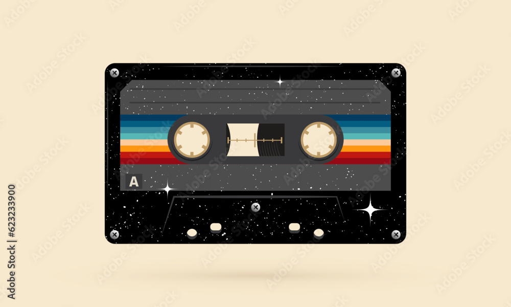 Retro musiccasette with retro colors eighties style, cassette tape, vector art deep space, mix tape retro cassette design, Music vintage and audio theme, Synthwave and vaporwave template