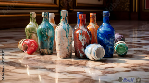 Wallpaper Mural marble floor, painted porcelain bottles in palcolors, painted with great detail, one bottle is broken,Generative Ai Torontodigital.ca