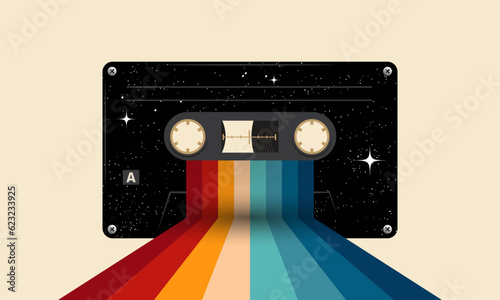 Retro musiccasette with retro colors eighties style, cassette tape, vector art deep space, mix tape retro cassette design, Music vintage and audio theme, Synthwave and vaporwave template