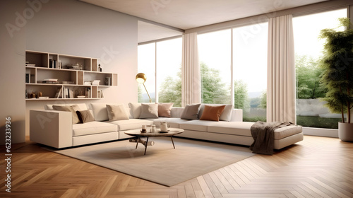 Open space  white living room interior with a big rug on dark  hardwood floor and a beige corner sofa with cushions concept Generative Ai