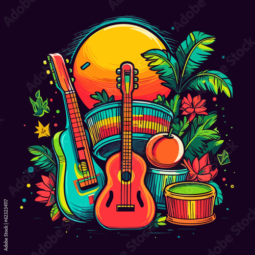 Summer music party. Guitar and palm trees against a backdrop of sunshine. Cartoon vector illustration.