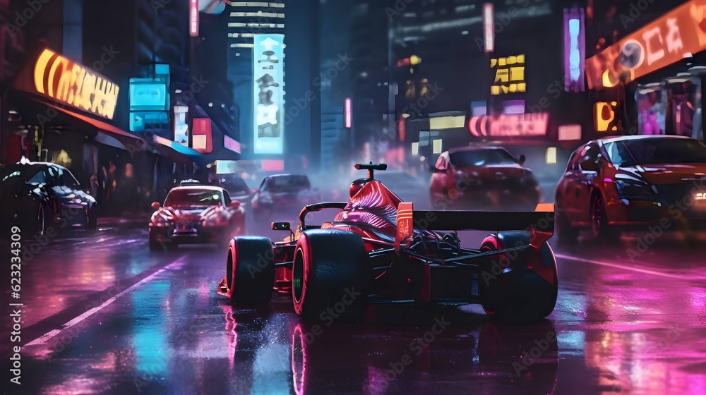 Synthwave halloween formula 1 car racing on a night road in Singapore,Generative Ai