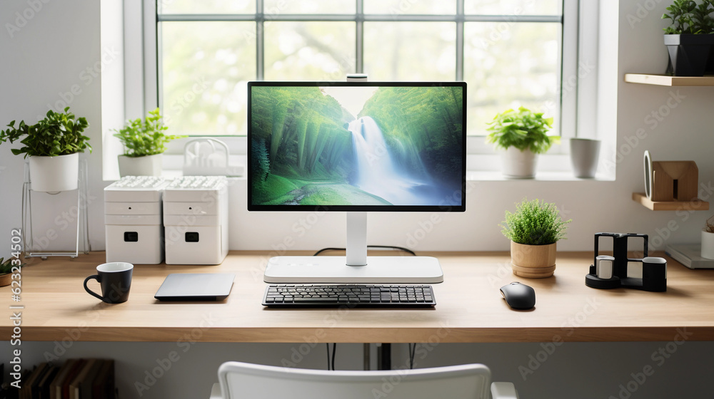 Detail shot of an ergonomic home office setup, standing desk with dual monitors, mechanical keyboard, wireless mouse, high key lighting, white walls, soft focus on desk details Detail shot of an ergonomic home office setup, standing desk with dual monitors, mechanical keyboard, wireless mouse, high key lighting, white walls, soft focus on desk details