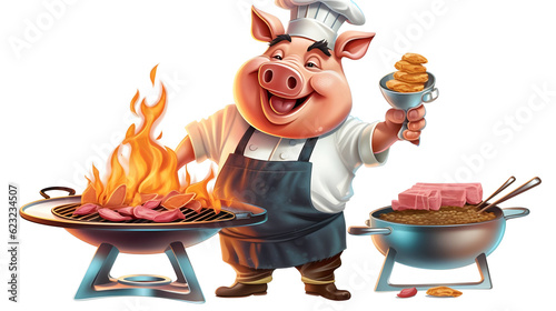 100 scaleable  image of scartoon pig chef bbq grill cooking,Generative Ai photo