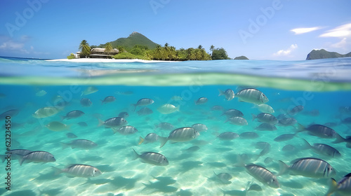 A bench of tropical fish in a clear and transparent blue water on a white sand bottom. Fish are silvery grey with yellow fins,Generative Ai