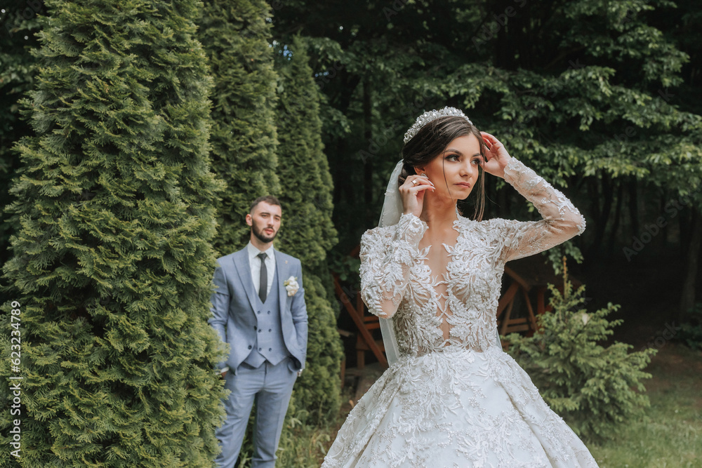 European wedding couple in the park. The bride in a beautiful dress with sleeves and a crown on her head. Groom with a black beard of Caucasian appearance in a classic suit
