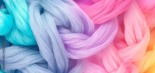 Wallpaper of skeins of wool in pastel tones. Background in pastel colors, pink, light blue, yellow and purple with texture of woolen threads. Tissue. Wool for knitting. Generative ai. 