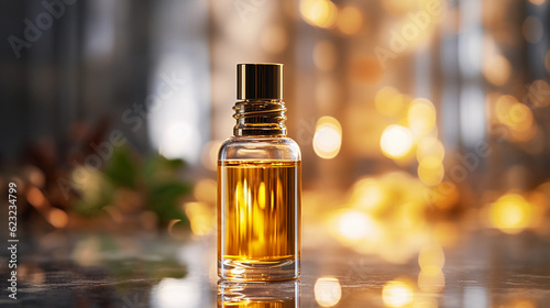 clear glass dropper bottle filled with a golden serum, placed on a reflective marble surface, soft lighting, close - up, bokeh effect © Marco Attano